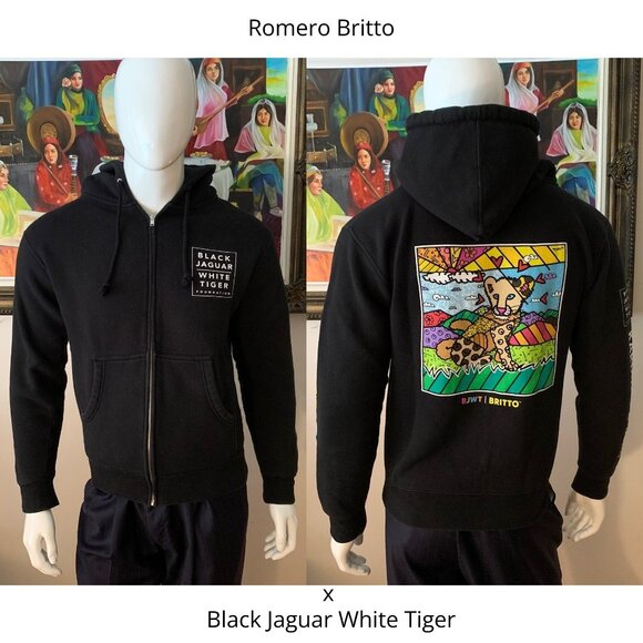 Romero Britto x  Black Jaguar White Tiger Foundation “Karma” Black Zip Closure H - Picture 1 of 12